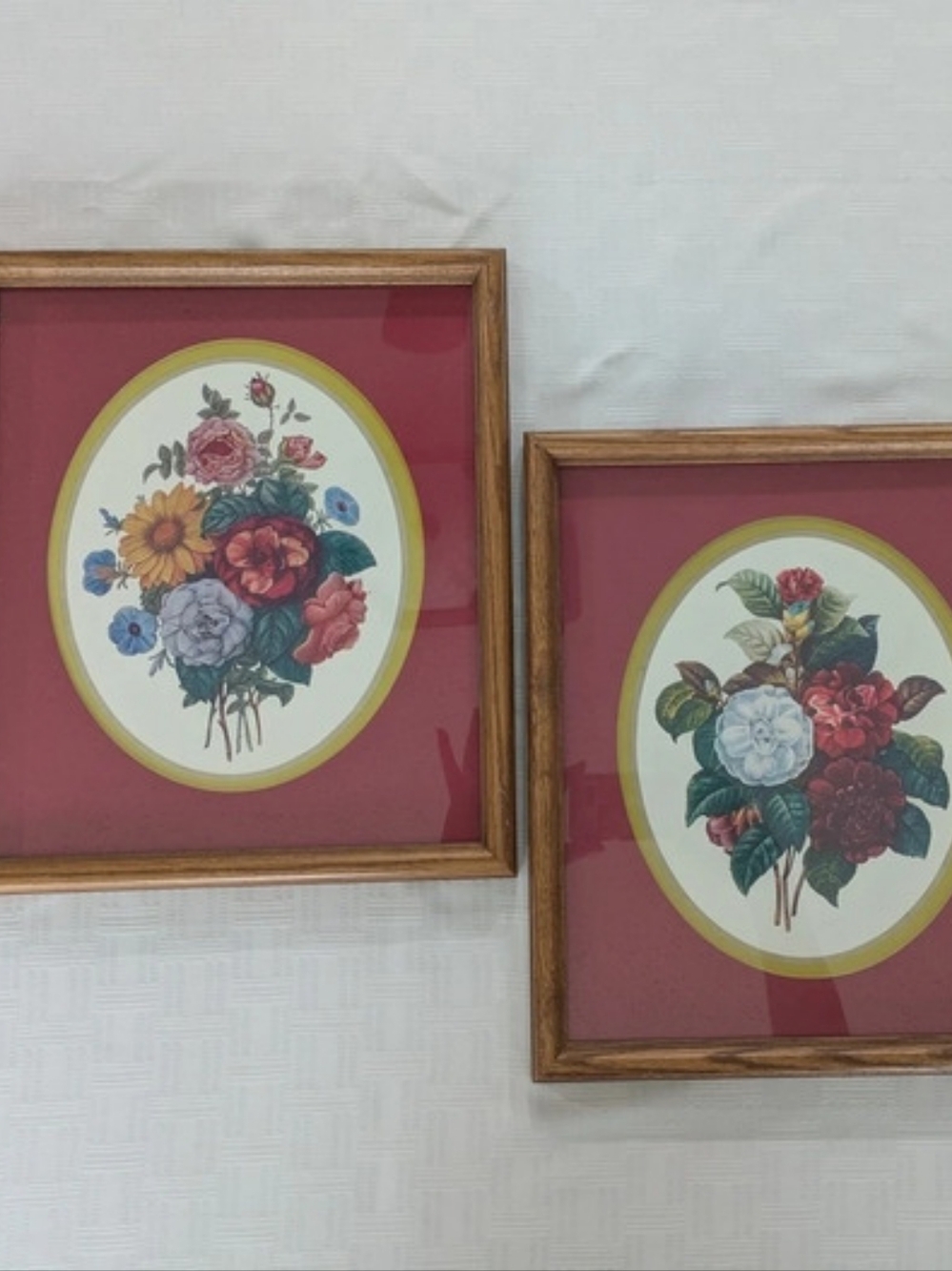 Vintage Botanical Floral Framed Wall Art Set Of Two Oak Frame Burgundy Oval